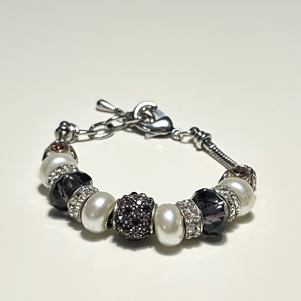 Charm Bracelet Pearl And Purple Bead Silver Chunky Y2K Jewelry